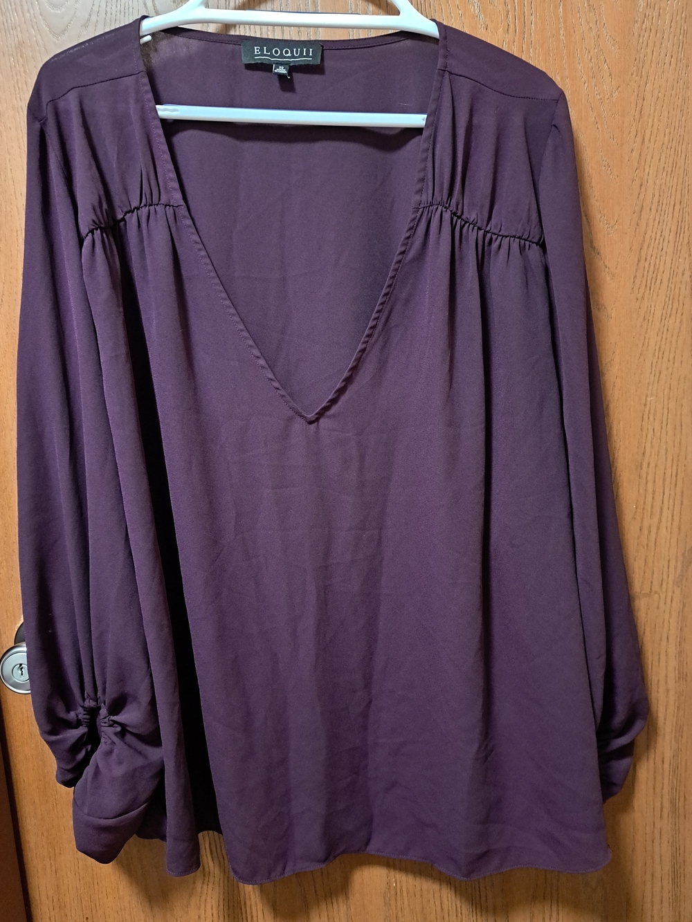 Eloquii Plum V-Neck Long Sleeve Blouse with Gathered Shoulders